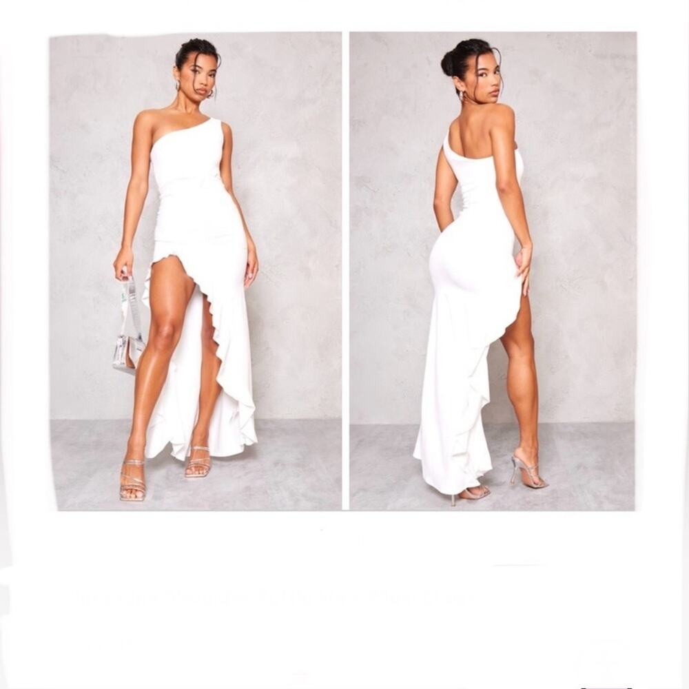 PRETTY LITTLE THING Women’s 12 White ONE SHOULDER RUFFLE HEM MAXI DRESS